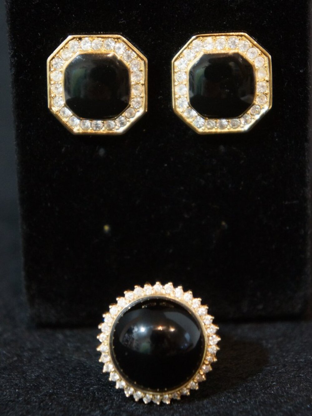 Vintage 14K Gold Diamond Onyx Ring & Earring Set